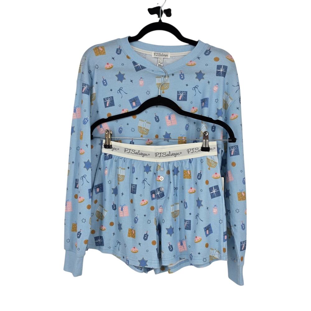 NWT P.J. Salvage Blue Hanukkah Motif Print Boyfriend Boxer Pajama Set Size Med
